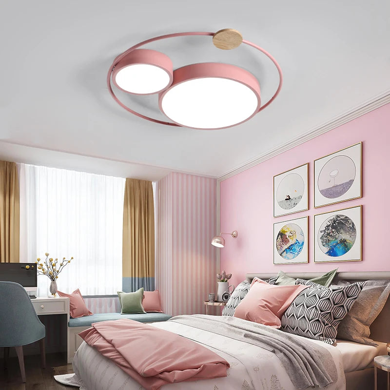Nordic LED ceiling light with round macaron design in acrylic and wood - vue 4 sur 14