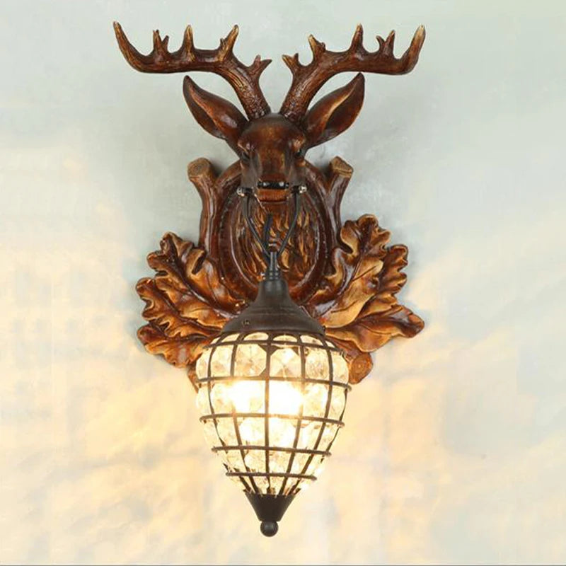 Retro wooden wall light with deer head