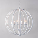 Round rustic retro chandelier in white iron with wood beads
