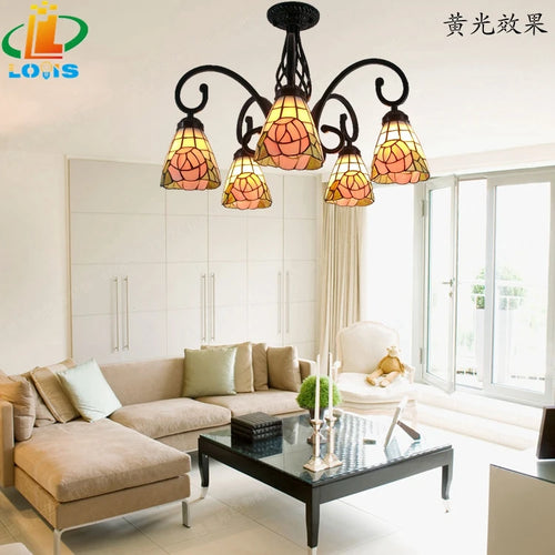 Iron ceiling light with trendy Tiffany glass rose flowers - vue 3 sur 10