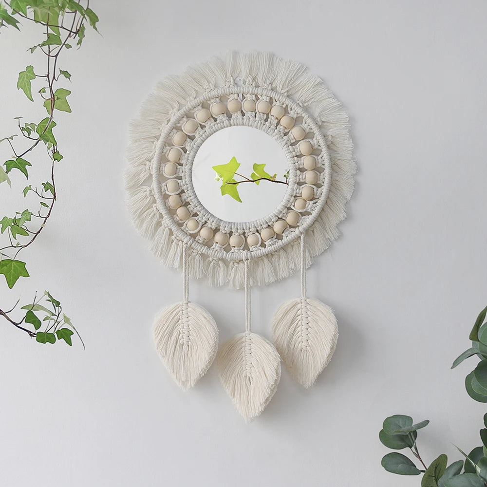 Boho-style macramé wall mirror for interior decoration - vue 5 sur 14