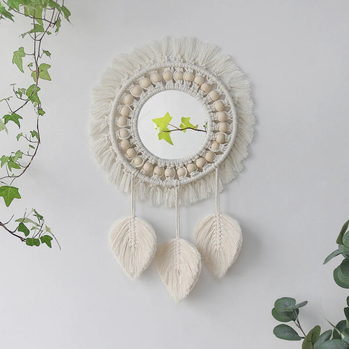 Boho-style macramé wall mirror for interior decoration - vue 6 sur 14