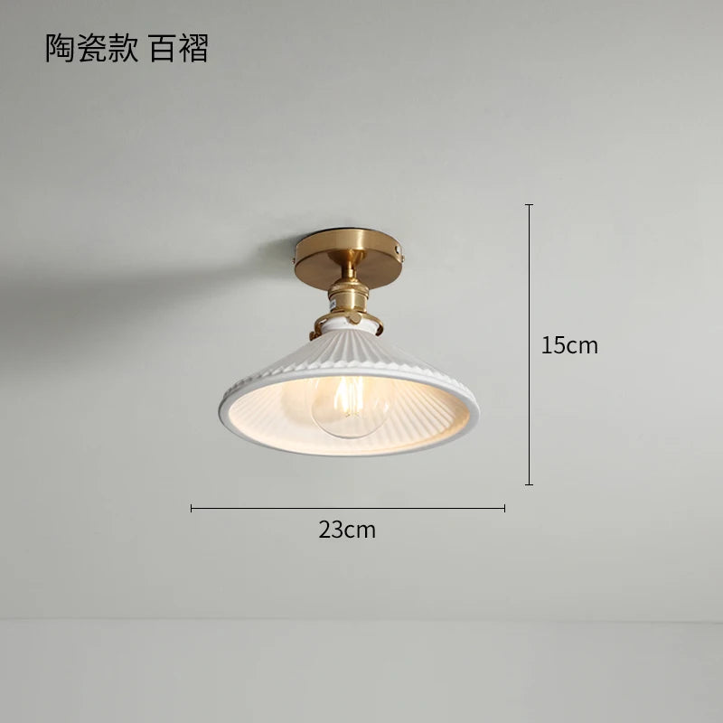 Nordic copper LED ceiling light with switch for bedroom, living room, stairway, ceramic mount - gold finish - vue 8 sur 10