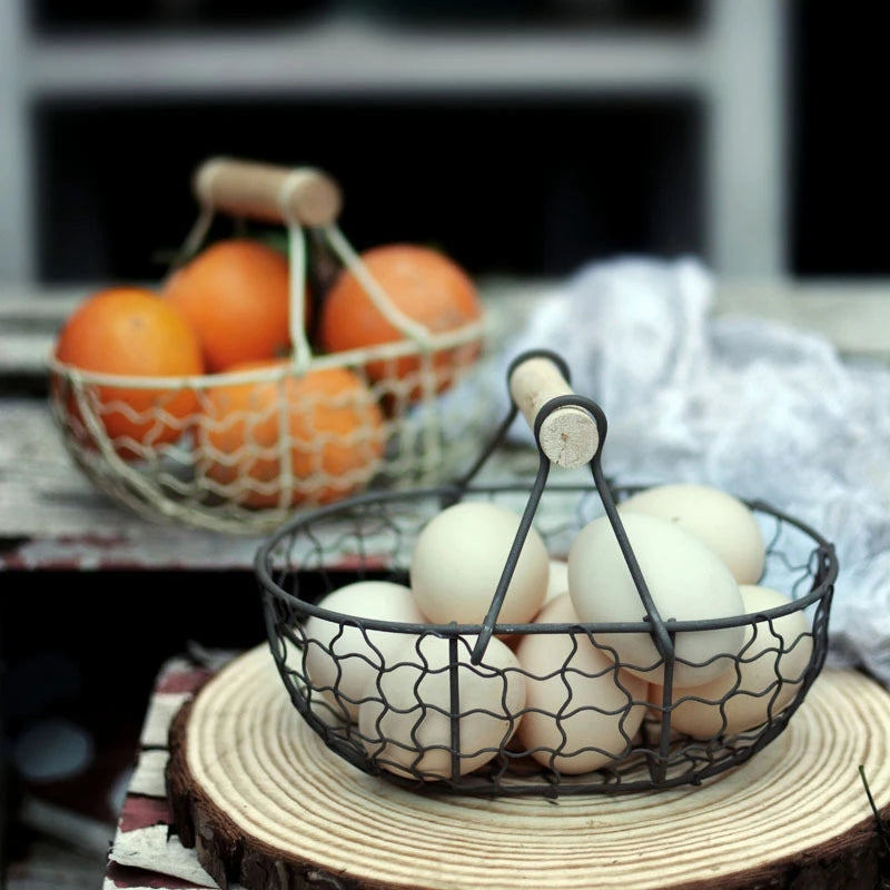 Retro metal basket with wooden handle multifunctional for storage