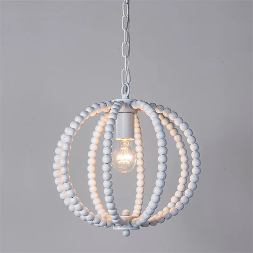 Round rustic retro chandelier in white iron with wood beads - vue 4 sur 11