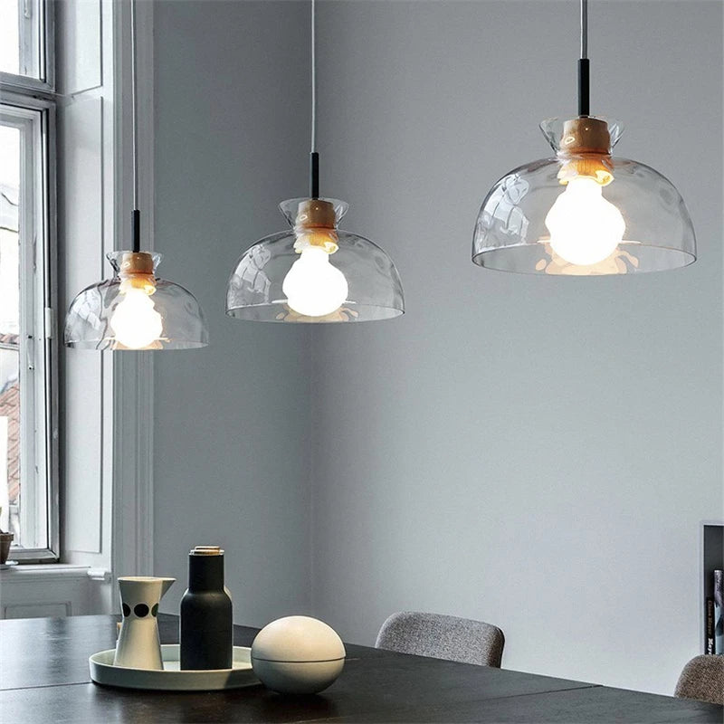 Retro nordic water grain glass and wood LED pendant light