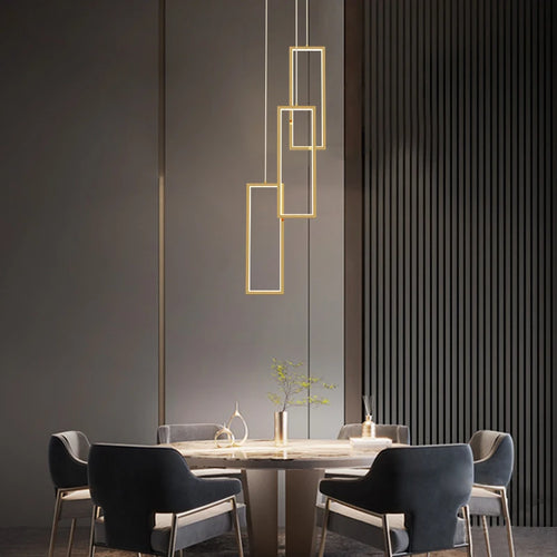 Modern rectangular copper LED chandelier for staircases and lofts - vue 6 sur 15