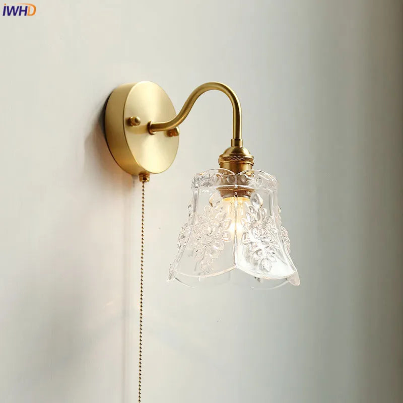 Modern glass LED wall light with pull chain switch, Nordic copper