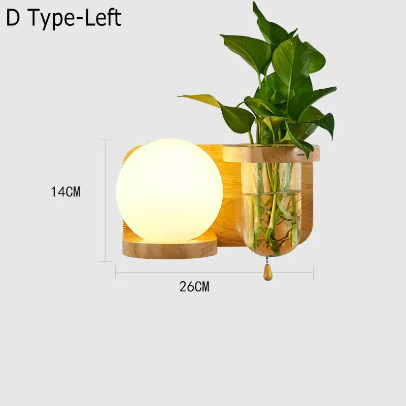 Nordic wooden wall light with green plant and glass LED lampshade