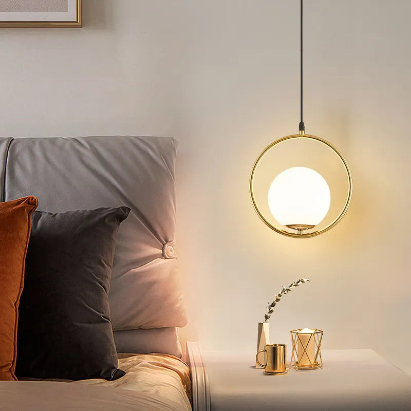Nordic glass ball pendant light gold vintage hoop modern LED hanging lamp for living room, home, loft, industrial decor lighting