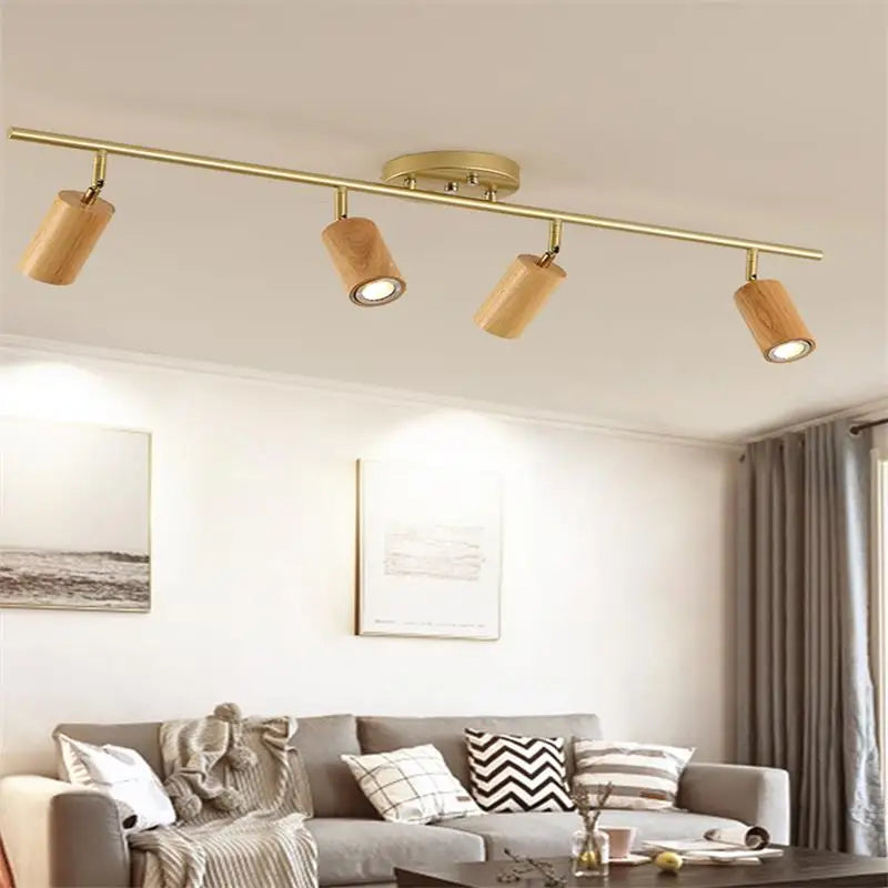 Modern wooden LED ceiling light with multiple heads - vue 4 sur 14