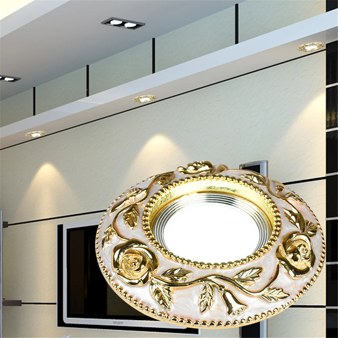 European style recessed LED spotlight with golden rose pattern for interiors - vue 8 sur 8