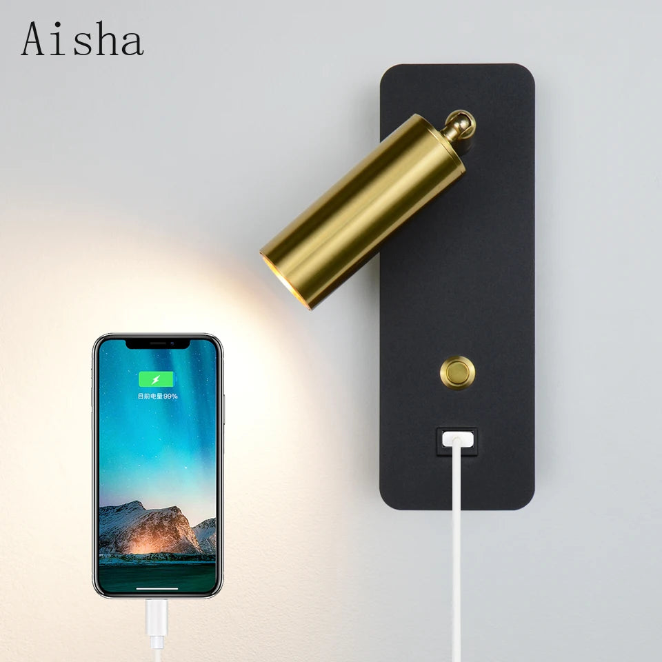 Modern artistic LED wall light with switch and USB