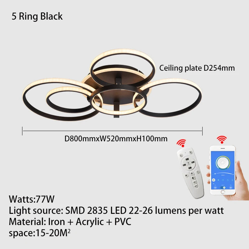 Modern led chandelier with rings, remote/app control, 1–5 rings, black or white - vue 16 sur 16