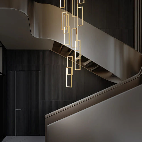 Modern rectangular copper LED chandelier for staircases and lofts - vue 3 sur 15