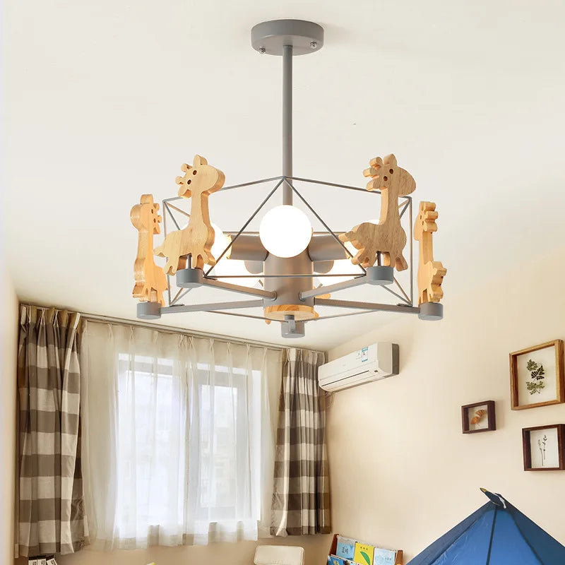 Wooden giraffe LED pendant light for children - vue 4 sur 12