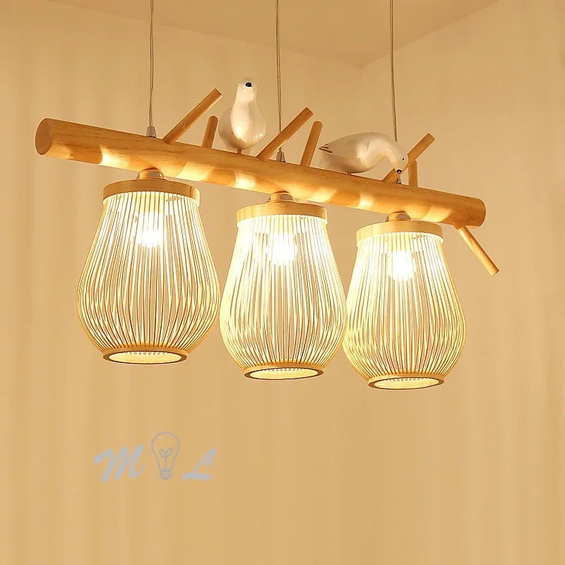 Modern wood and bamboo pendant light with decorative bird design