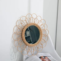 boho decorative sunflower pattern rattan hanging mirror