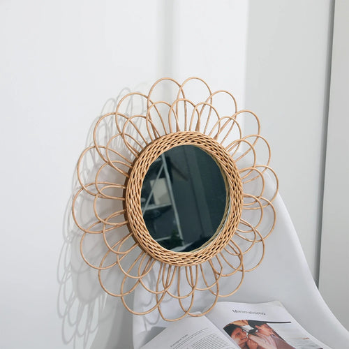 boho decorative sunflower pattern rattan hanging mirror