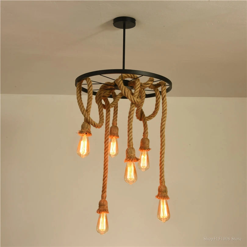 Vintage black iron pendant light with hemp rope