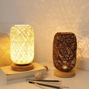 Rattan table lamp with wooden base, modern home decor