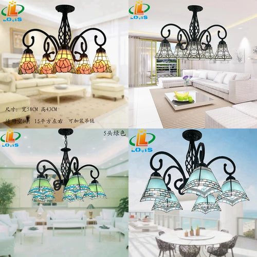 Iron ceiling light with trendy Tiffany glass rose flowers - vue 2 sur 10
