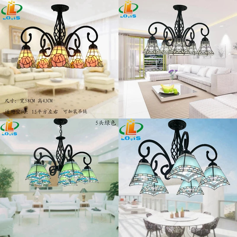 Iron ceiling light with trendy Tiffany glass rose flowers