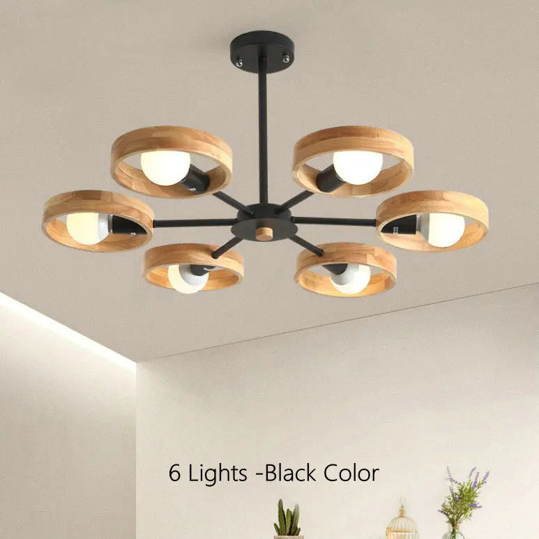 Nordic wooden chandelier lamp for living room, bedroom and dining room, round wood lampshade, black E27 pendant light - vue 11 sur 12