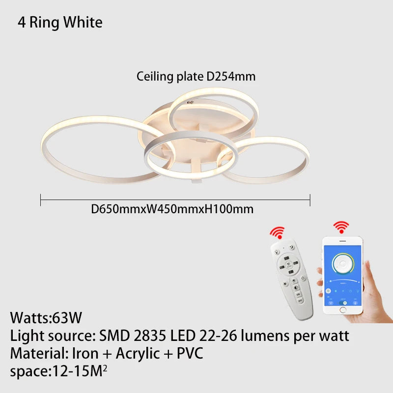 Modern led chandelier with rings, remote/app control, 1–5 rings, black or white - vue 13 sur 16