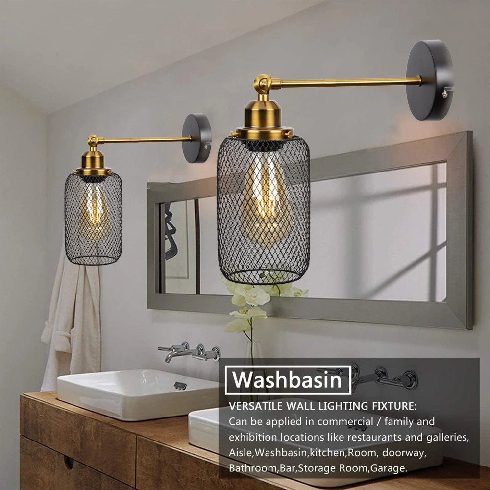 Industrial wall lights with mesh shade retro wrought iron LED E27
