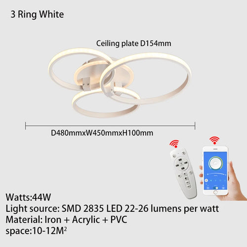 Modern led chandelier with rings, remote/app control, 1–5 rings, black or white - vue 12 sur 16