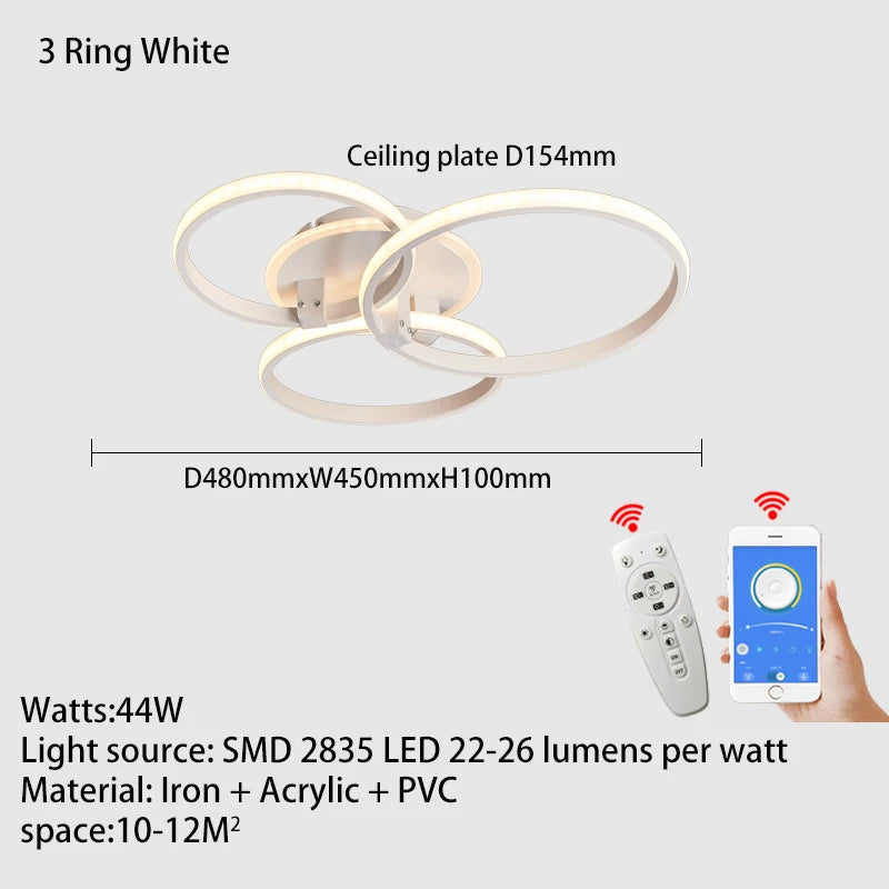 Modern led chandelier with rings, remote/app control, 1–5 rings, black or white - vue 11 sur 16