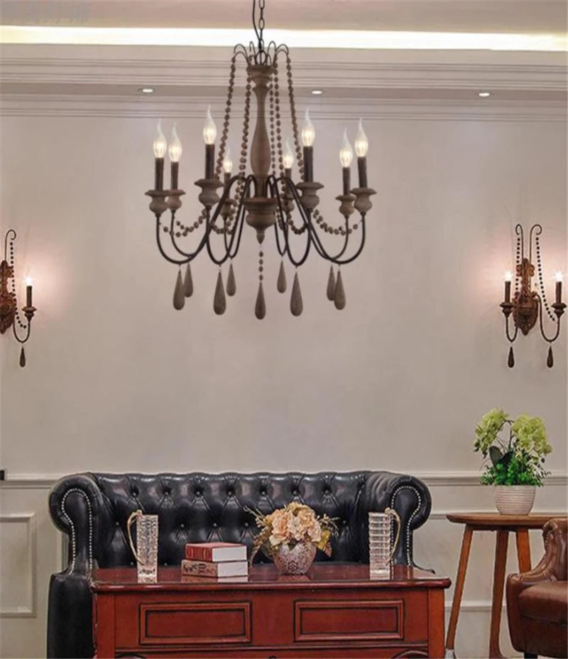 Vintage wooden chandelier with candles for interior decoration