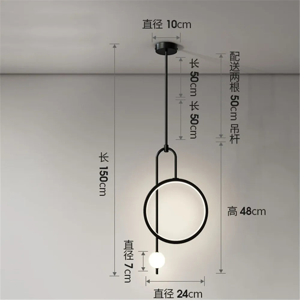 Nordic-style round metal pendant with decorative acrylic ring - vue 8 sur 8