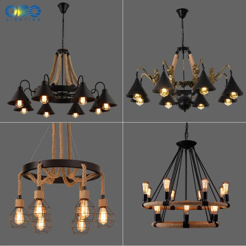 Vintage hemp rope chandelier with iron lampshade for bars and cafés