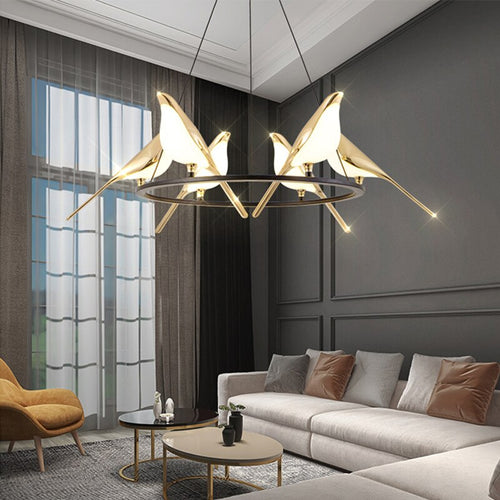 Luxury LED designer chandelier with golden magpie birds - vue 4 sur 9