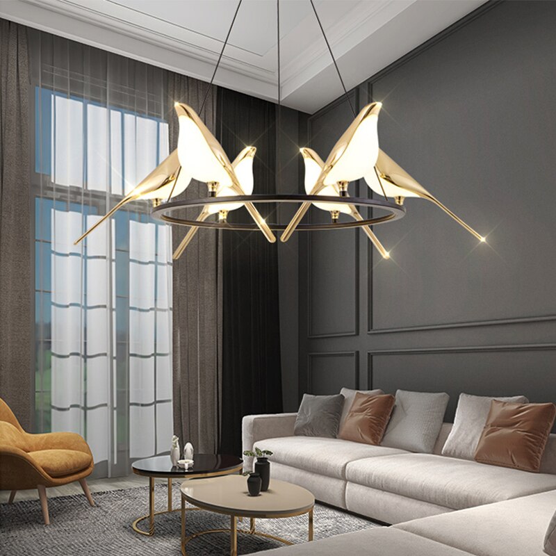Luxury LED designer chandelier with golden magpie birds - vue 4 sur 9