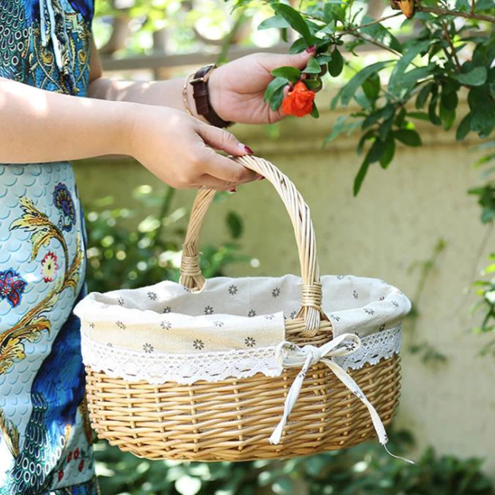 large wicker picnic basket with decorative and practical handle