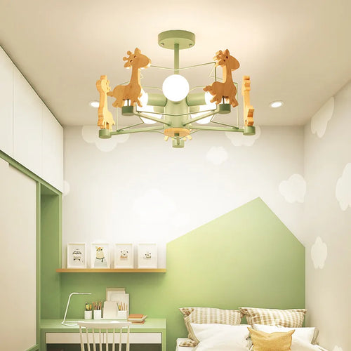 Wooden giraffe LED pendant light for children - vue 3 sur 12