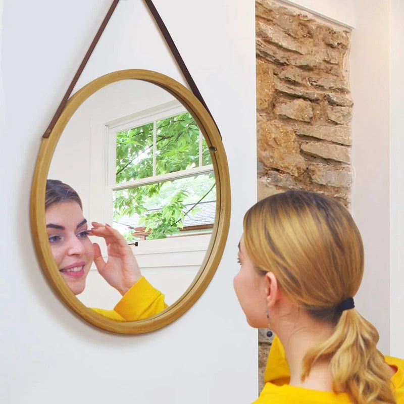 round hanging bamboo mirror with adjustable leather strap - vue 7 sur 7