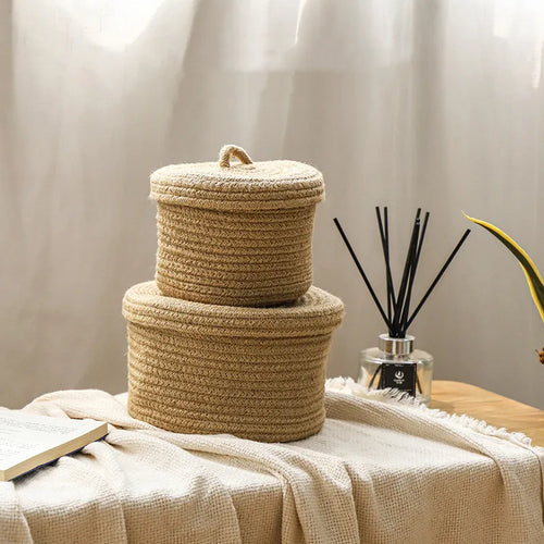 Cosmetics Storage Box, Jute Woven Basket, Tabletop Key, Remote Control Container, Snack Case with Cover Organizer, ECO Friendly - vue 4 sur 11
