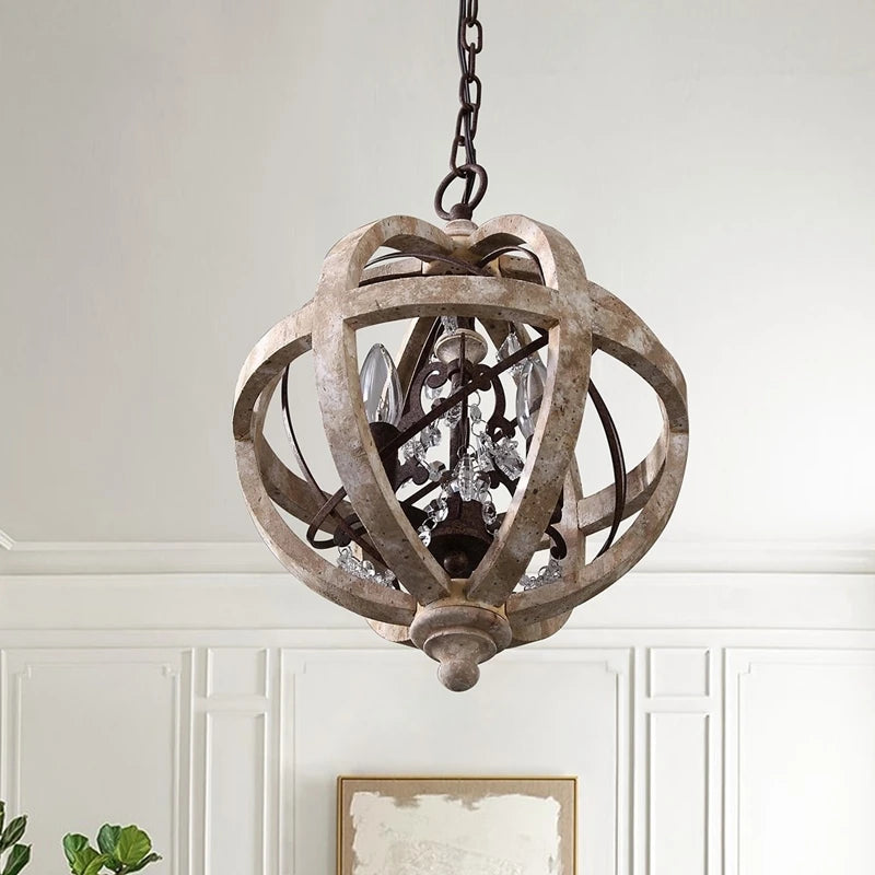 Retro solid wood LED pendant chandelier for living room, modern crystal loft lighting