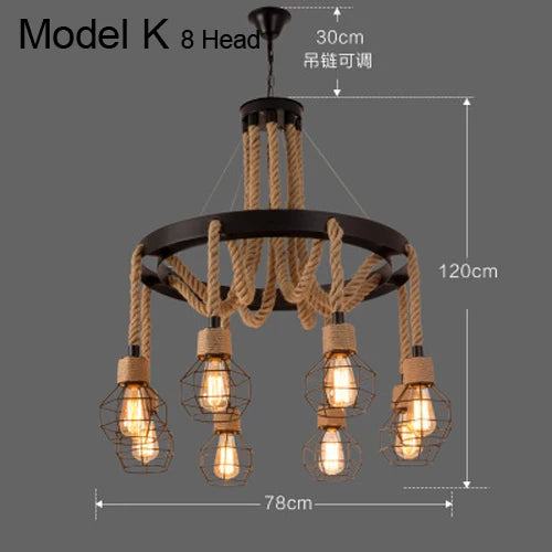 Vintage hemp rope chandelier with iron lampshade for bars and cafés - vue 14 sur 28