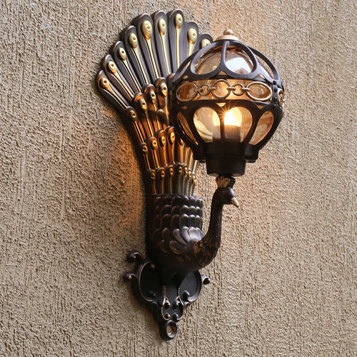 European retro style peacock LED wall light for hotel, villa, balcony or doorway – suitable for indoor and outdoor lighting