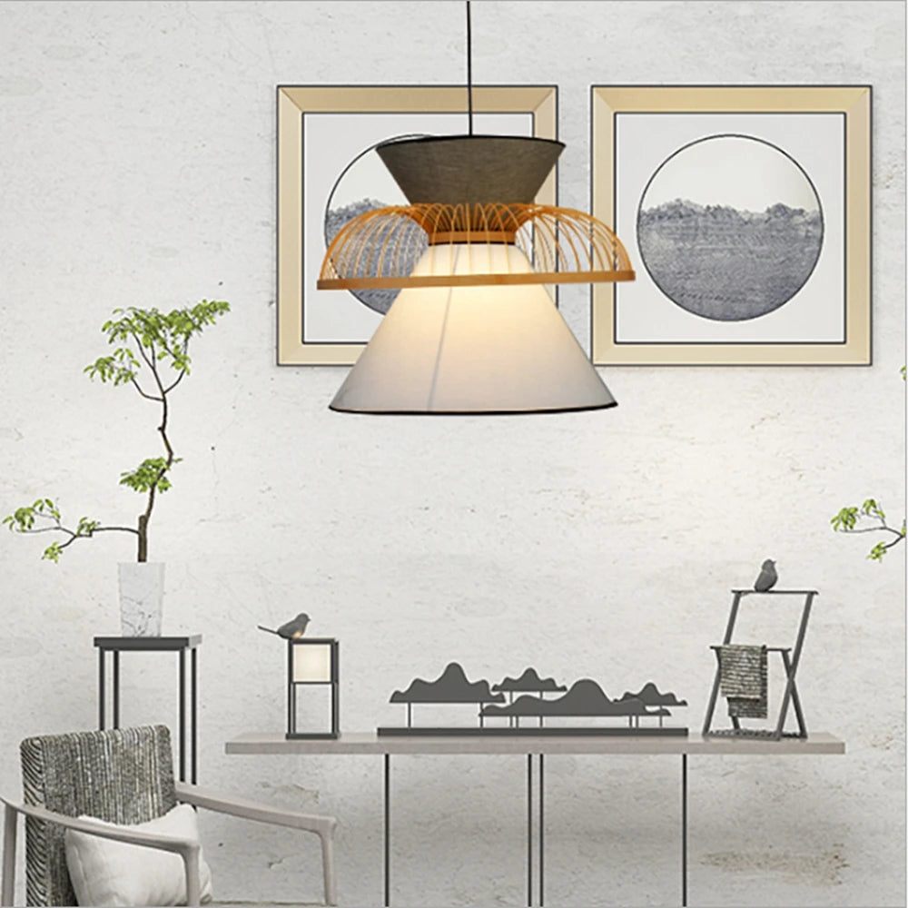 Modern minimalist Japanese fabric bamboo pendant light - vue 5 sur 12