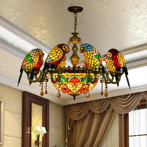Tiffany stained glass chandelier with parrot bird design for elegant interiors - vue 2 sur 14