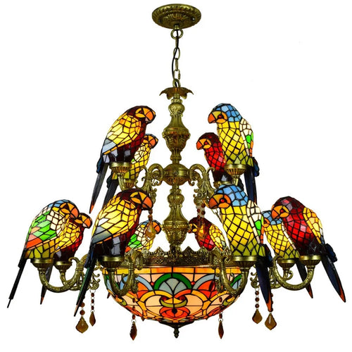 Tiffany stained glass chandelier with parrot bird design for elegant interiors - vue 12 sur 14