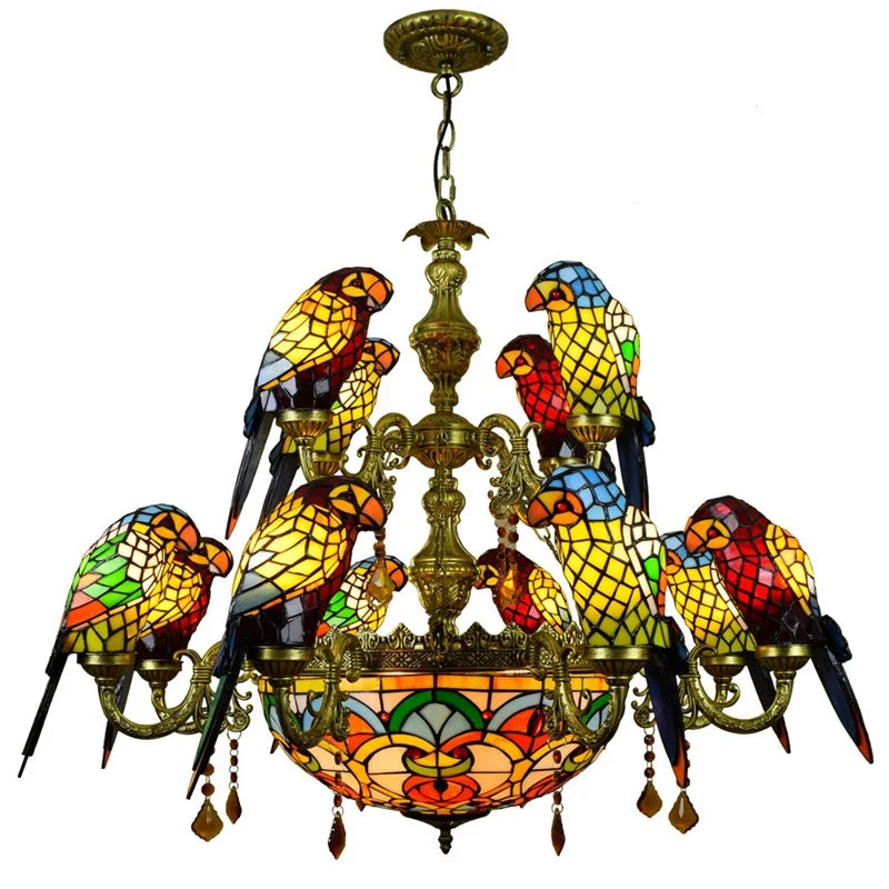 Tiffany stained glass chandelier with parrot bird design for elegant interiors - vue 12 sur 14