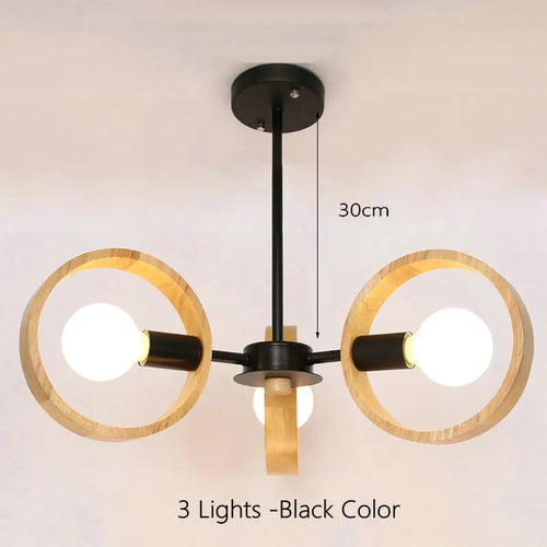 Nordic wooden chandelier lamp for living room, bedroom and dining room, round wood lampshade, black E27 pendant light - vue 11 sur 12