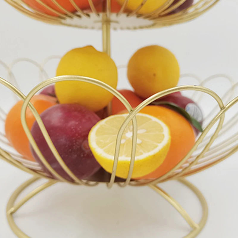 Decorative two-tier golden storage basket for fruit and cakes
